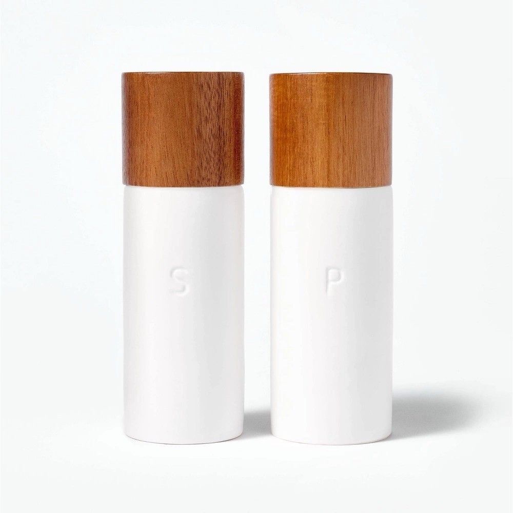 Ceramic Salt & Pepper Grinder Set Cream Figmint Wood Stoneware 6.25” 2-Pack